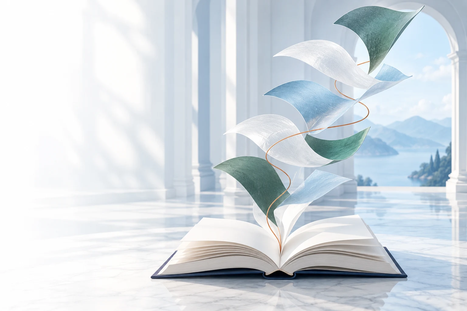 An open book unfolding into floating jade and blue pages, a visual expression of wisdom becoming new ideas